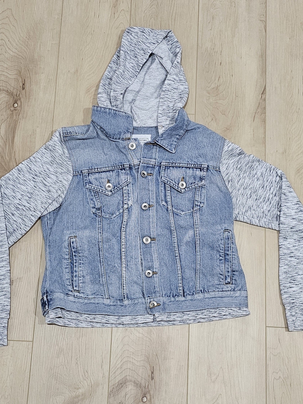Eightytwo Denim Fooler Hoodie Jean Jacket Gray Knit Sleeves XL